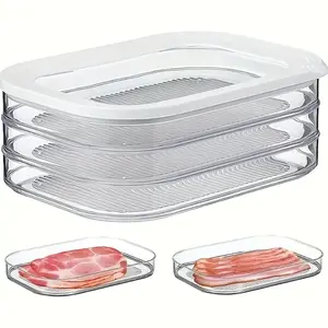 3-Tier Transparent Food Storage Container Set, Fridge Storage Organizer, Food-Grade PP Material Refrigerator Organizer Box, Stackable Kitchen Fresh-Keeping Containers, Suitable for Steak, Deli Meats, Cheese, Space-Saving