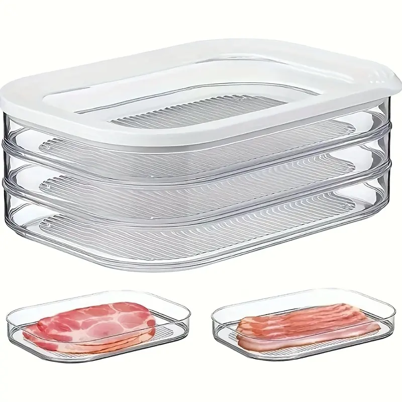 3-Tier Transparent Food Storage Container Set, Fridge Storage Organizer, Food-Grade PP Material Refrigerator Organizer Box, Stackable Kitchen Fresh-Keeping Containers, Fridge Organizers and Storage, Suitable for Steak, Deli Meats, Cheese, Space-Saving