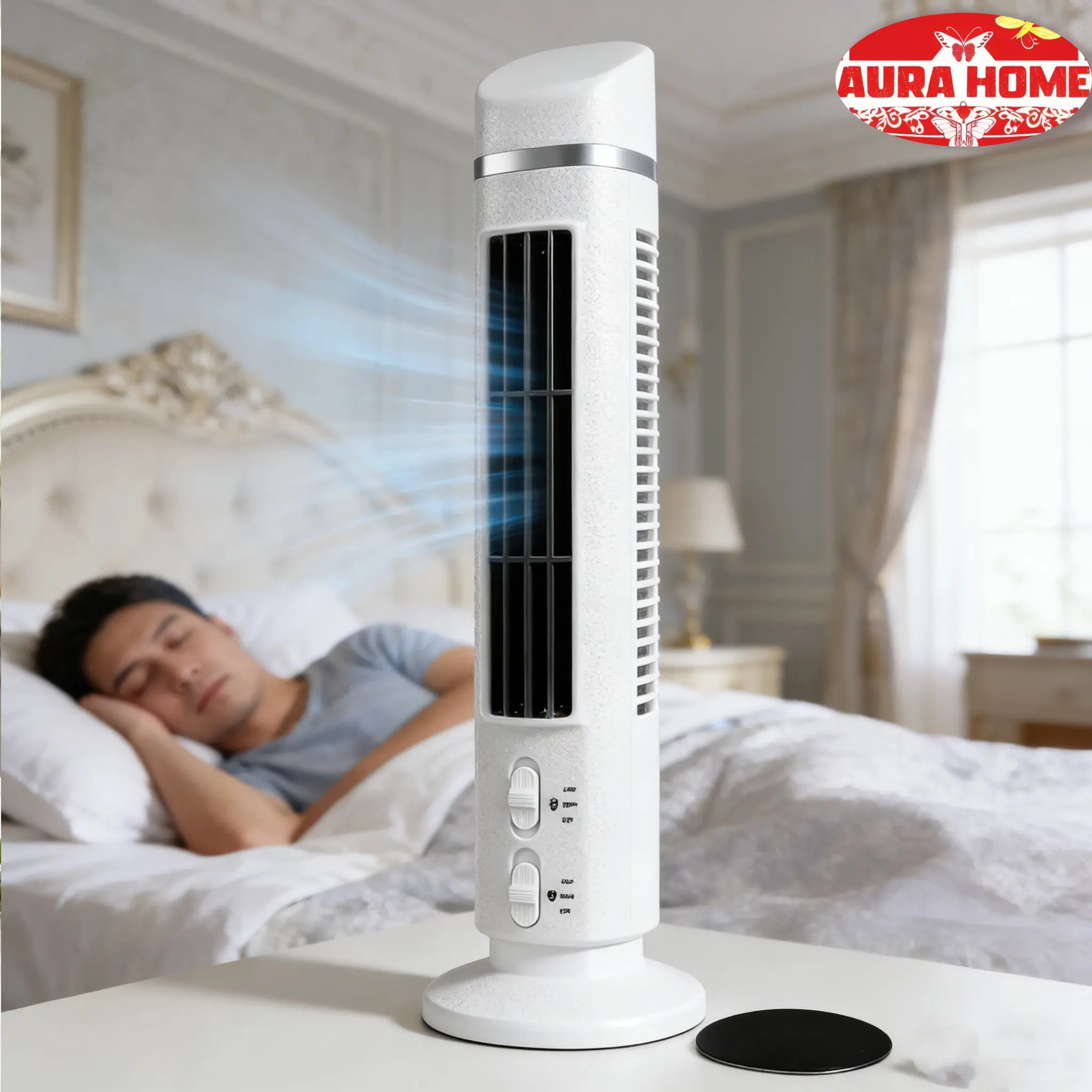Portable USB bladeless tower fan with light for home, bedroom, and office