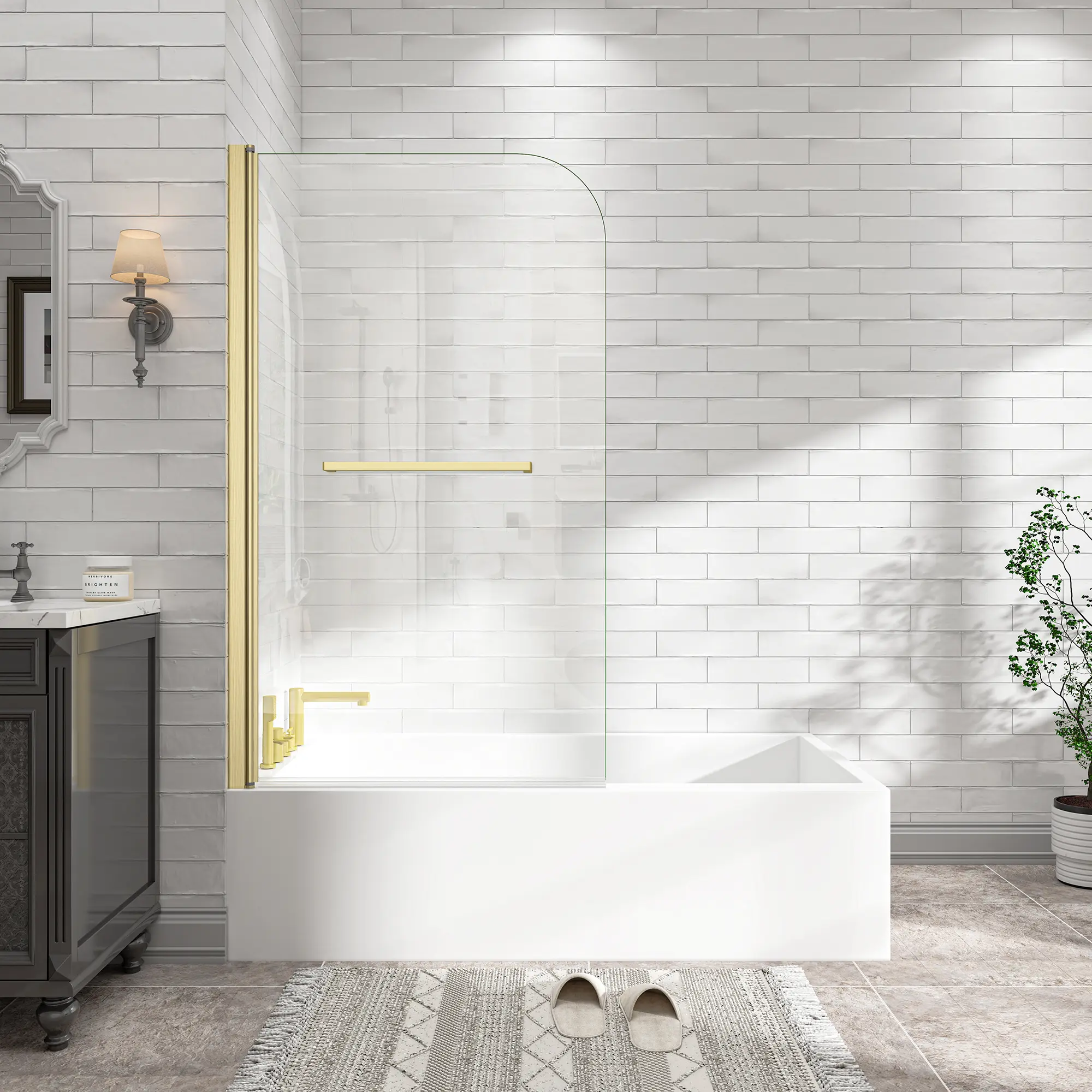 31-32 Inch W x 55 Inch H Brushed Gold Frameless Pivot Shower Door Reversible 180° Bathtub Screen 1/4" Tempered Glass with Nano Easy Clean Coating and Explosion-Proof Membrane for Bathroom Shower Enclosure, Bathroom Shower Door for Bathtub