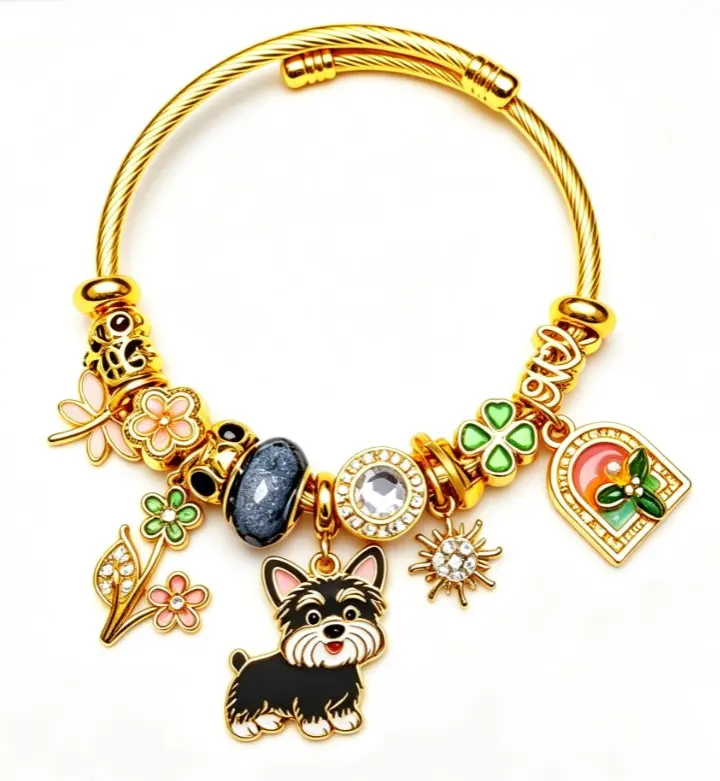 Tone Gold Twisted Wire Open Bangle Cute Schnauzer Dog Clover Floral Rhinestone Enamel Charm Bracelet Women Pet Lover Jewelry Gift