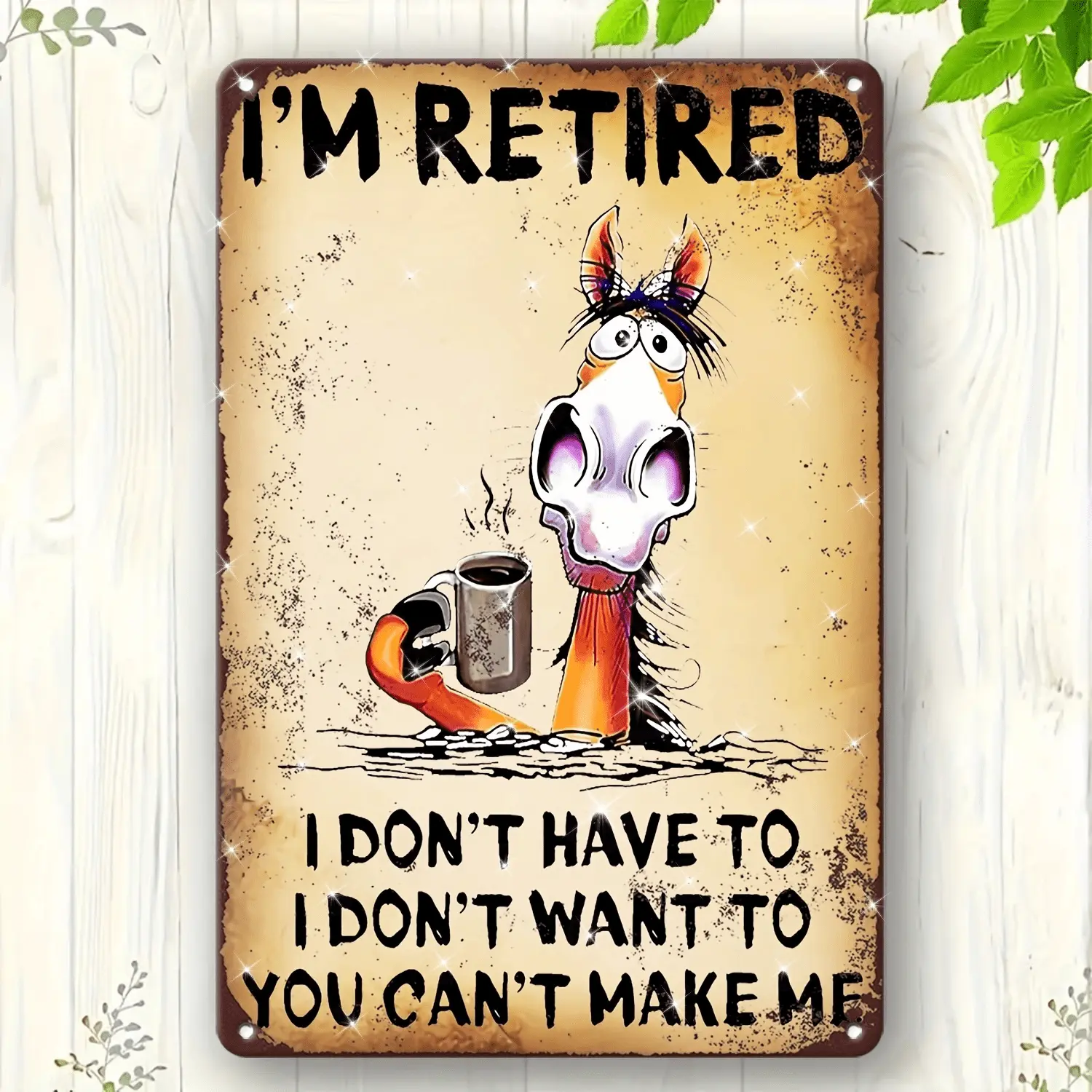 1pc Vintage Metal Tin Sign Wall Art - "I'm Retired" Humorous Horse & Coffee Design, Rustic Retro Decor for Home, Cafe, Bar, Farmhouse (8x12 Inch)
