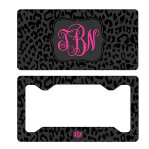 Black Leopard Skin Pattern Monogram License Plate and Frame, Personalized Car Accessories - High-Quality Aluminum, Pre-Drilled holes Custom Vehicle
