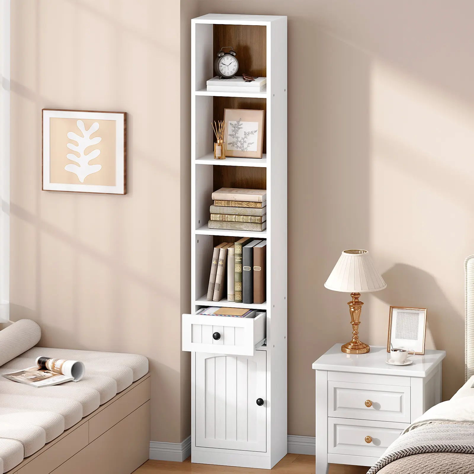 HOOBRO Sturdy 70.9" Tall 9.4" Wide Narrow Indoor Bookcase - 17.6 lb Per Shelf, Adjustable Shelves, Storage Cabinets, Quick Setup, Wall Anchored, Assembly Required, Ideal for Living Room, Office, White & Walnut, Small Room Ideas, Particle Board, Rectangle,
