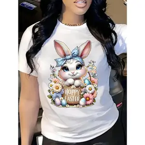 Hoppy Easter Cute Bunny Graphic T-Shirt, Floral Easter Egg Print Tee, Oversized 【100% cotton】 Shirt, Casual Short Sleeve Top, Trendy Whimsical Aesthetic Cotton Tee for Easter Celebrations and Family Gatherings