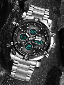 Multifunctional Business Watch, Glossy Silver Color Round Case, Dial Triple Eye Dual Display, Waterproof Steel Band, Unique Design, Quartz Analog Wristwatch
