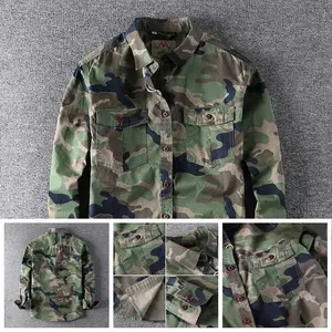 Washed camouflage tooling long-sleeved shirt men's double pockets versatile casual military youth top