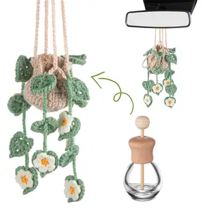 Cute Crochet Plant Design Car Hanging Crochet Car Air Freshener 12ml Empty Refillable Car Diffuser Bottle with Cute Potted Plants  Accessories Essential Oil Diffuser for Girlfriend family Gift Car Decor Decoration  Springtok