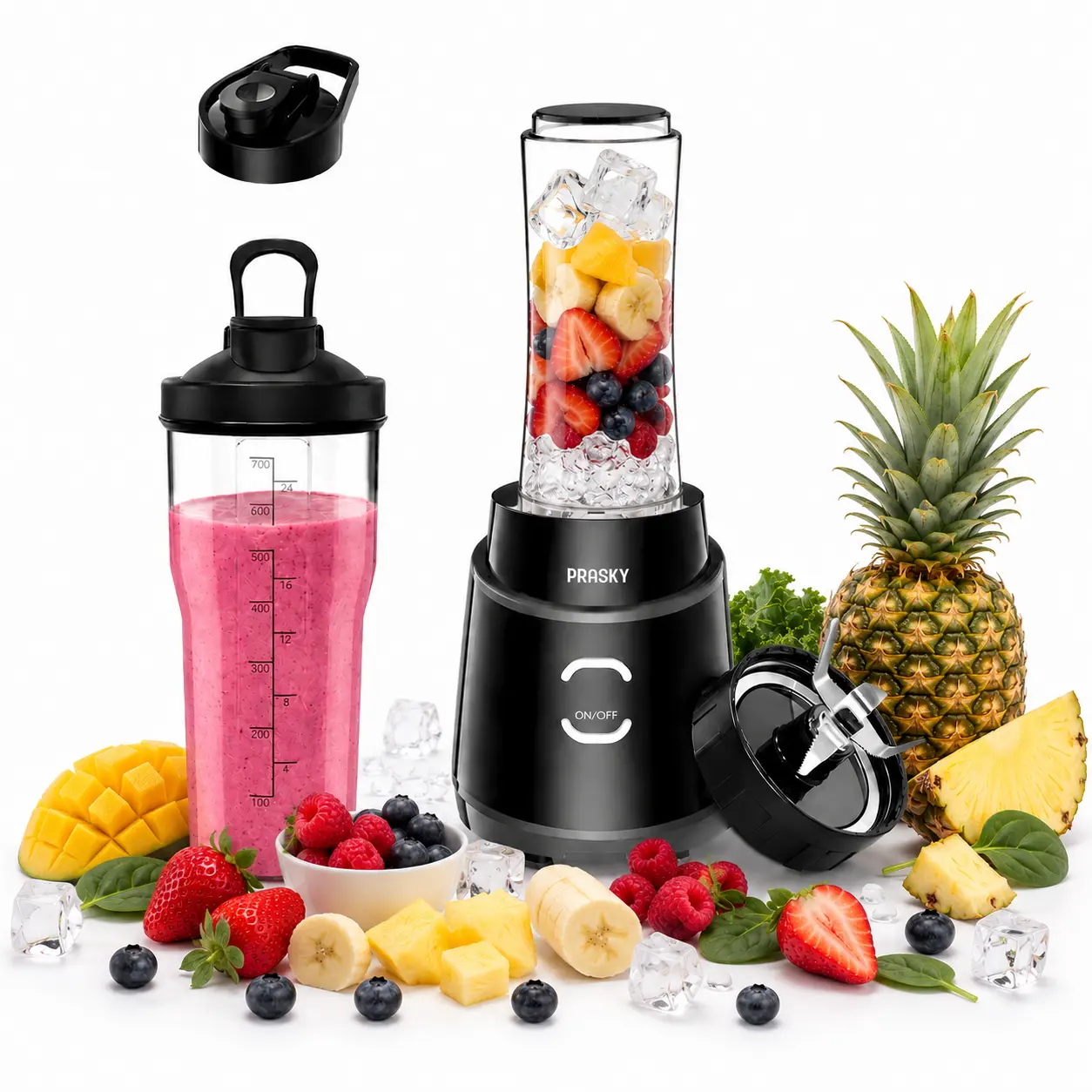 PRASKY Blender for Smoothies, 900W Personal Blender with Portable Cups, Single Serve Smoothie Maker for Smoothies, Protein Shakes, Fresh Fruit Juices, Frozen Drinks & Crushed Ice, BPA-Free, for Home, Office & Gym