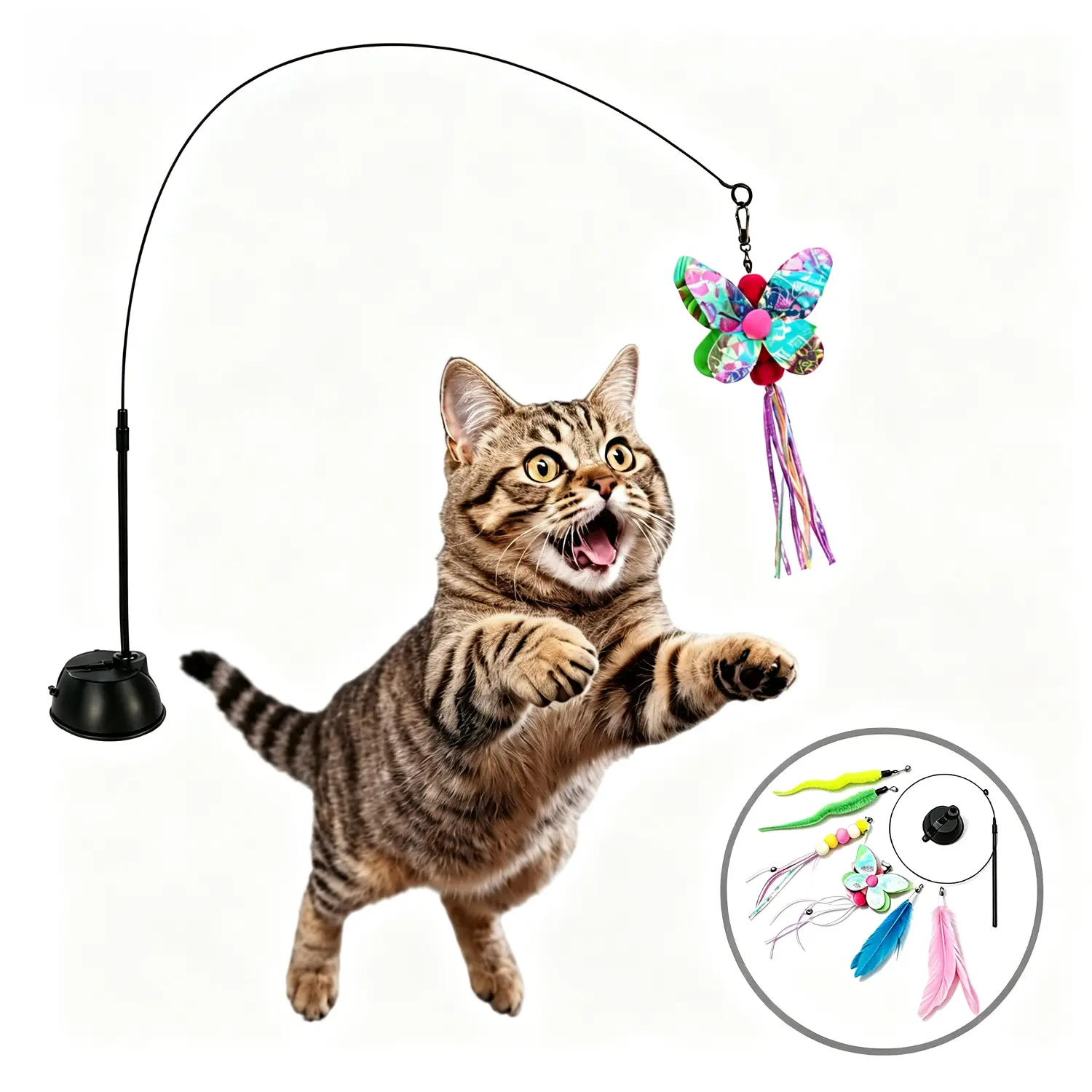 6-in-1 Interactive Kitten Wand Toy, High-Elastic Rod, Universal Dual-Fix Suction Cup & Adhesive Sturdy Base for Smooth Surfaces, 6 Replaceable Attachments Including Feather Lure, Supports Hands-Free Self Play, Prevents Boredom for Indoor Cats
