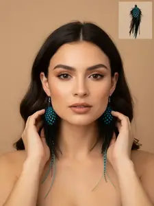 The Tess – Turquoise and Black Feather Earrings 8 Inch | Polka Dot Grizzly Statement Earrings | Boho Earrings