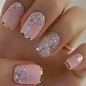 DIY Press-On Nails Kit, 24pcs French-Style Shiny Short Square Press on Nails, Removable Set with Jelly Glue & File for Beading & Jewelry Making Projects