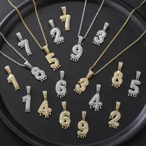 European and American style personalized water drop number pendant necklace, alloy with rhinestones, 1-9 Arabic numerals hip-hop necklace