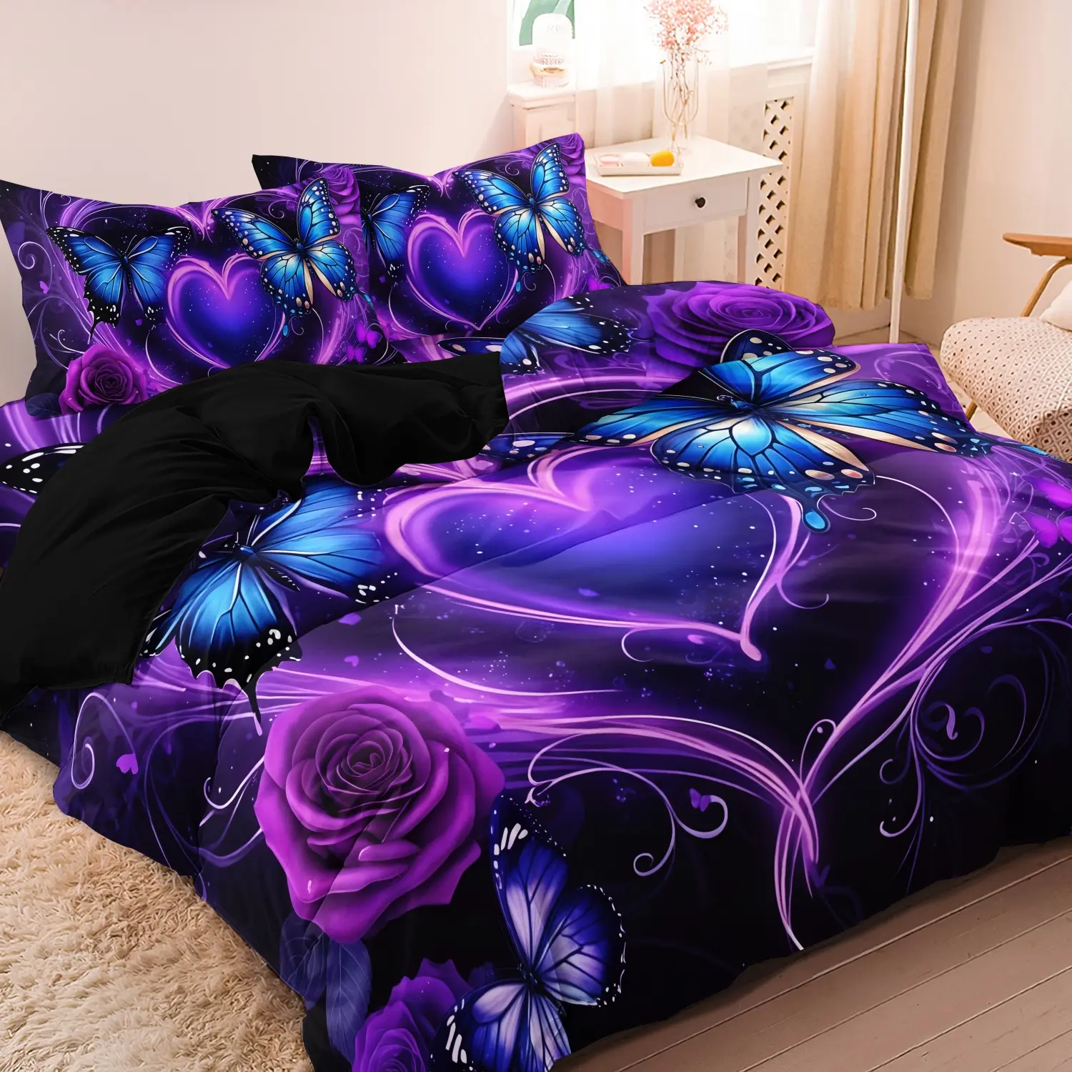 3pcs Black Purple Heart Theme Bedding Set, Blue Butterfly & Rose Print Duvet Cover, For Family Bedrooms Dormitories Hotels,Residential Quarters High Definition Printing (1 Duvet Cover + 2 Pillowcases No Comforter No Pillow)