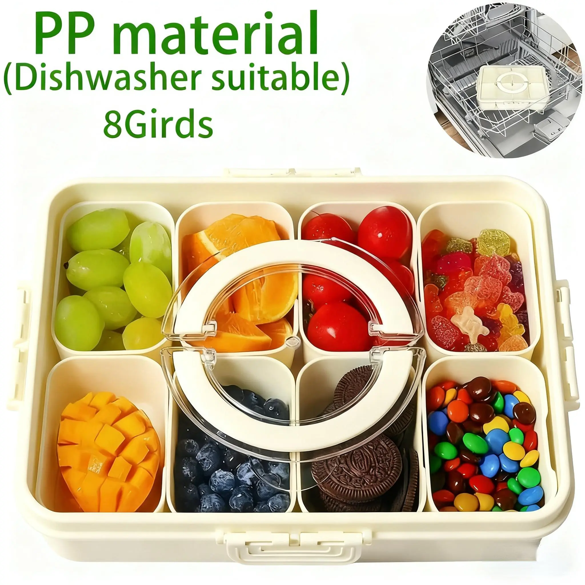 1 PC Divided Tray with Snap-on Lid and Handle - 8-Compartment Organized Food Storage Container Plastic Transparent Portable Snack Box, Leakproof Kitchen Containers, Suitable for Fruits, Travel, Camping, Picnics, and Lunch Box Organization