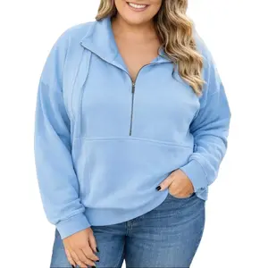 Women Plus Size Half Zip Pullover Casual Long Sleeve Sweater  Oversized Sweatshirts Dressy Tops with Kangaroo Pocket XL-5XL