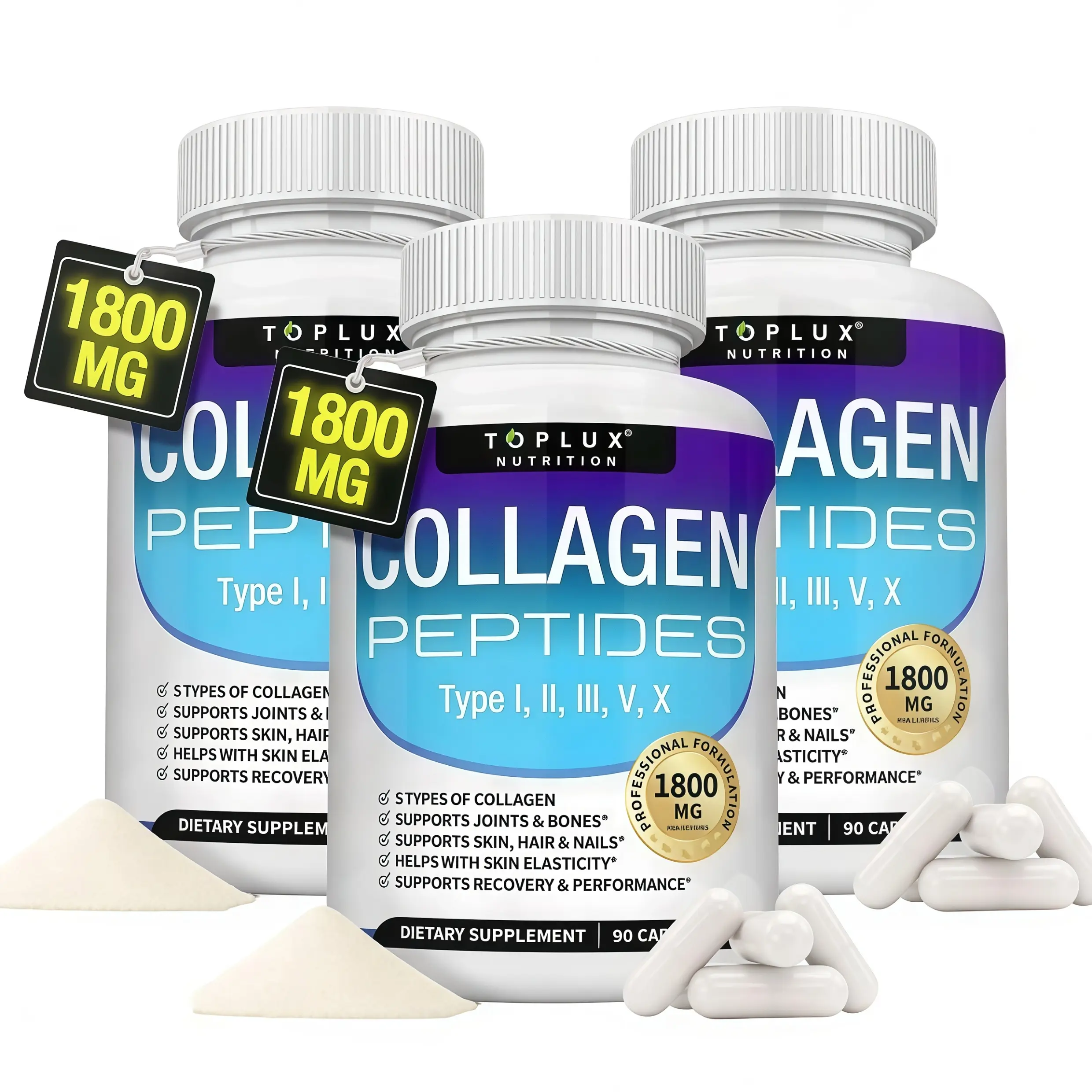 3XX-Toplux  Multi Collagen Peptides Pills 1800 Mg Complex - Type I, I, Ill,V,X Premium Collagen Complex for Better Skin & HairStrong Joint,Hydrolyzed Protein, for Men Women,90Capsules, Supplement