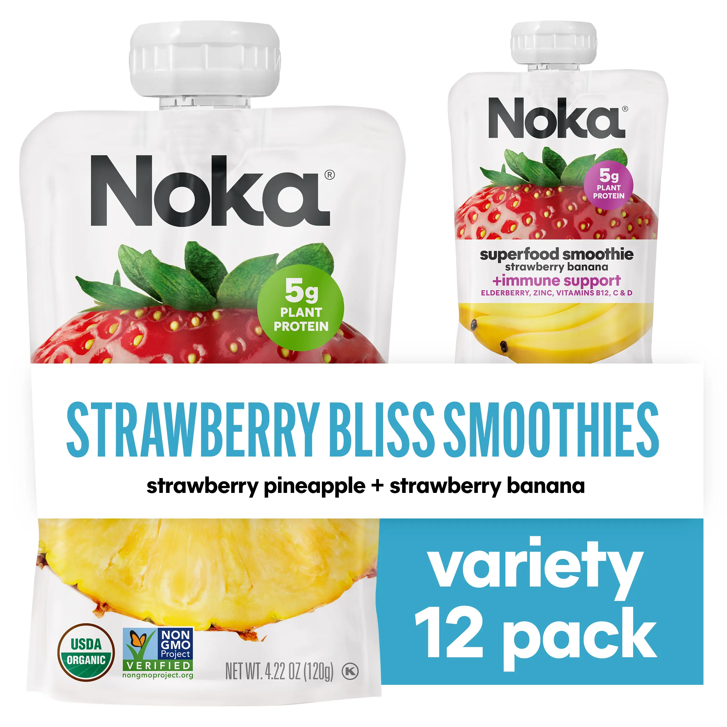 Noka Superfood Fruit Smoothie Pouches,  Strawberry Banana and Strawberry Pineapple Bundle, Plant Protein and Prebiotic Fiber, Vegan and Gluten Free Snacks, Organic Squeeze Pouch, 4.22 oz