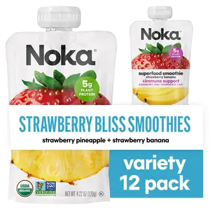 Noka Superfood Fruit Smoothie Pouches,  Strawberry Banana and Strawberry Pineapple Bundle, Plant Protein and Prebiotic Fiber, Vegan and Gluten Free Snacks, Organic Squeeze Pouch, 4.22 oz