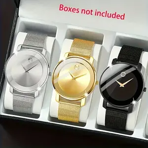 3pcs Set Women's Fashion Quartz Watches - Stainless Steel Mesh Bands, Round Zinc Alloy Case, Non-Rechargeable, Business Style with Stopwatch - Ideal for Gifts summer outfits spring outfits