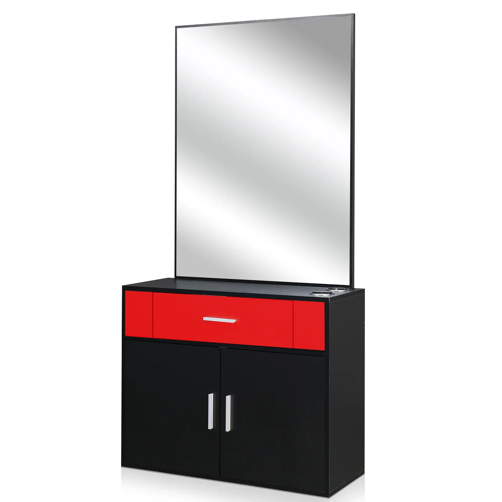 Wall Mount Salon Station with Mirror 15% E0 Chipboard Linen Top 1 Drawer 1 Door With Mirror Salon Cabinet Color Black & Red
