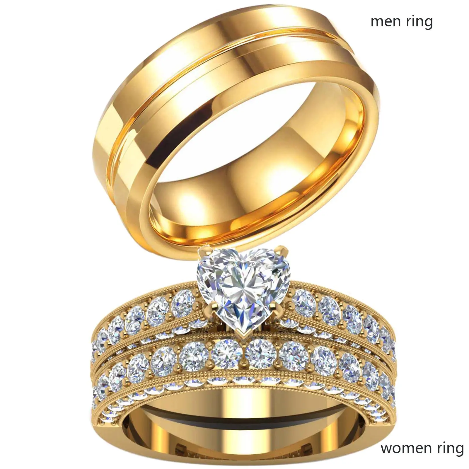 Couple Rings Matching Rings Yellow Gold Plated 1ct AAA CZ 2pcs Women Wedding Ring Sets For Him And Her Ring Sets Men Titanium Steel Wedding Band