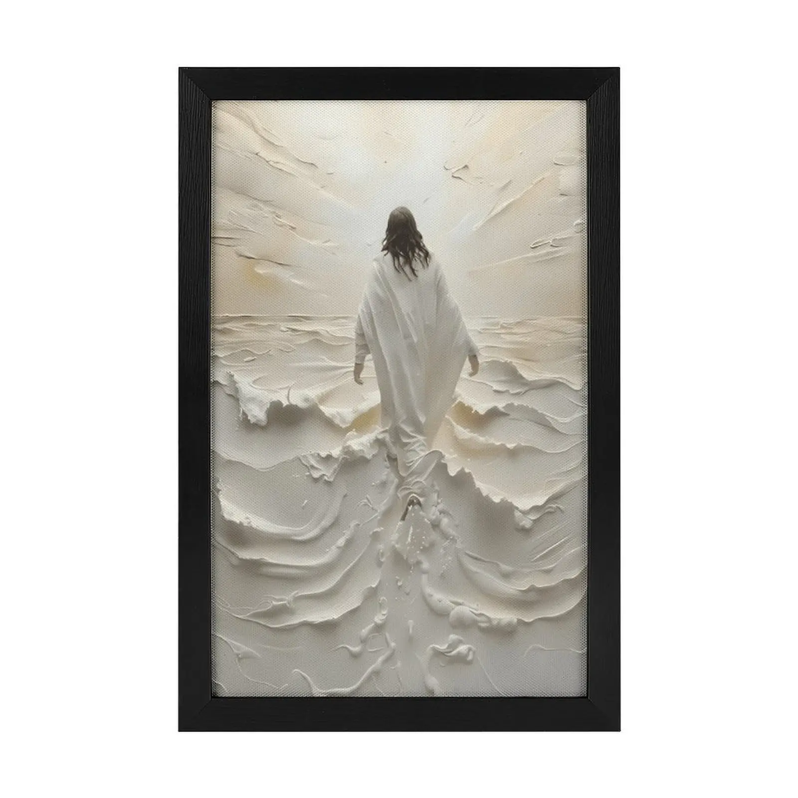 Black Frame Christian Jesus Walking Figure Canvas Poster, Minimalist White Bible-Inspired Wall Art, Faith-Inspirational Home Decor for Prayer Space, Christian Gift for Family Friends