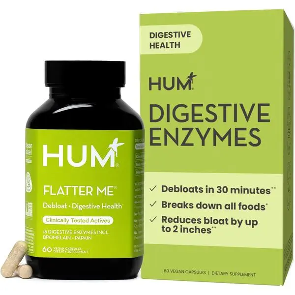 HUM Flatter Me Digestive Enzymes for Women & Men, Digestive Health Bloating Supplement with Ginger & Peppermint Leaf, Fast Acting Anti Bloat Pills Multi Enzyme for Debloating, Vegan, 60 Capsules