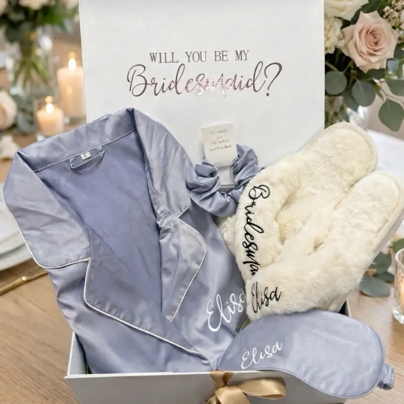 Taniri Luxury Women's Bridesmaid Proposal Box - Monogrammed Magnetic Wedding Gift Set with Soft Satin Pajamas, Custom Sleep Mask, Fluffy Slippers, Matching Scrunchie, Ready-to-Gift for Bridal Shower, Engagement
