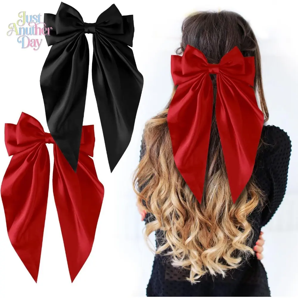 Women's Oversized Bow Hair Clip with Long Tails, Floral & Solid Print Ribbon Bow Barrette, Elegant Back-of-Head Spring Clip Top Hair Accessory
