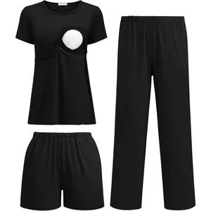 3 Piece Postpartum Nursing Pajamas Set Short Sleeve Breastfeeding Shirts Pregnancy Shorts & Pants Maternity Pjs