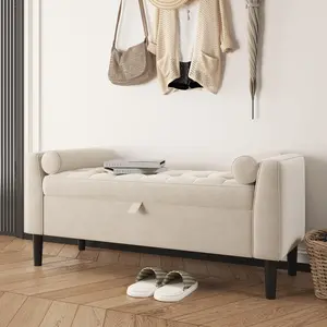 Velvet Storage Bench with Angled Armrests Mid Century Modern Hallway Stool with Hidden Storage Upholstered Entryway Bench with Armrests for Living Room Bedroom Off White