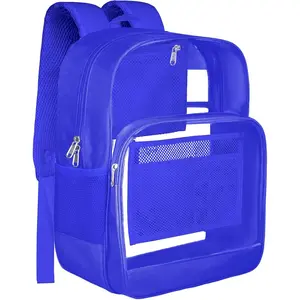 BrillaraSymn Heavy Duty Clear Backpack for School, Sturdy Fabric Clear Bookbag, Transparent PVC & Oxford Backpacks with  Pocket for Boys Girls,Men & Women, Blue