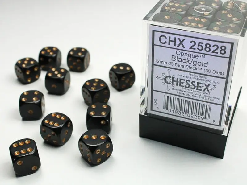 Opaque (Black/Gold) Chessex Brand 12mm D6 Dice Set 36ct.