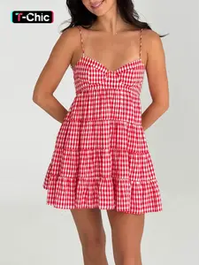 Women's plaid camisole backless strap Sleeveless dress - casual daily - suitable for summer Casual Everyday Wear dresses