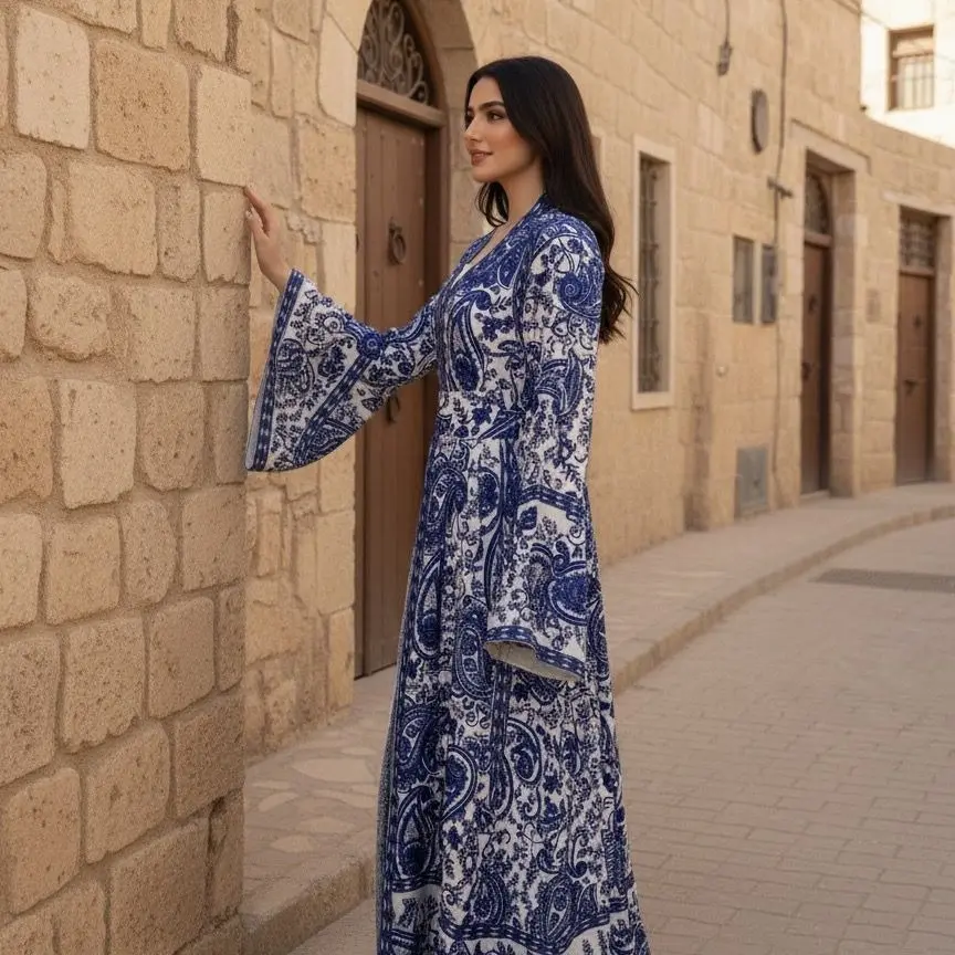 Royal Blue Porcelain Paisley Abaya Dress – Elegant Flowy Maxi with Belt
