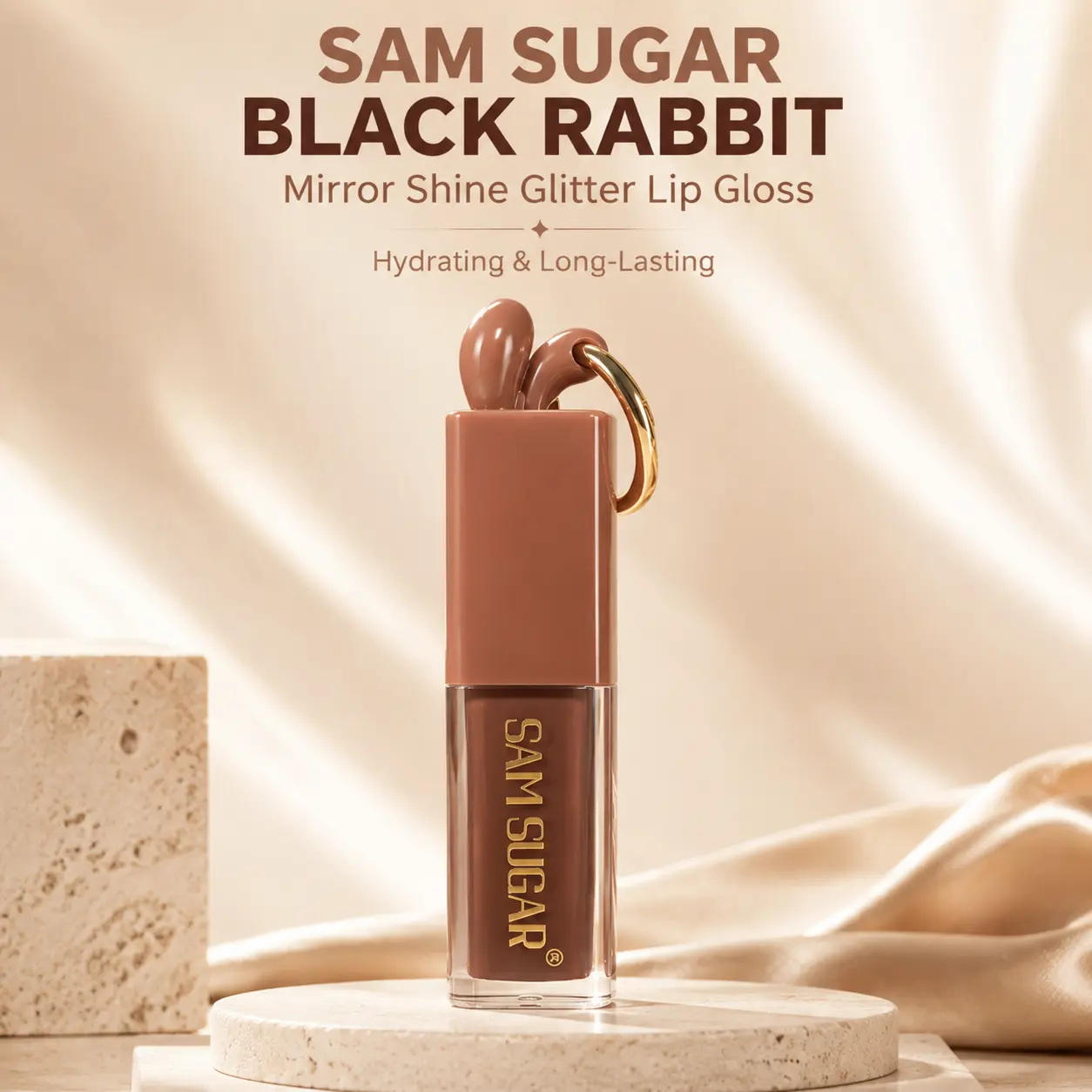 SAM SUGAR Black Rabbit Lip Gloss, Portable Keychain Lip Tint, Moisturizing Glossy Shimmer Lip Makeup, Long Lasting Hydrating Lip Cosmetics with Keychain for Travel & Daily Use