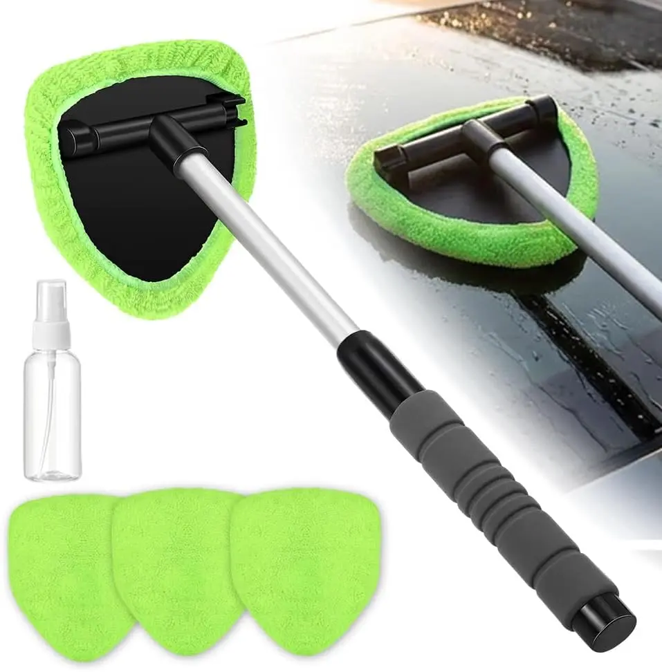 【BackToSchoolGift】Global Curated Car Windshield Clean Tool – Car Interior Window Cleaning Kit with Extendable Handle & 3 Microfiber Pads, Auto Wiper Inside Windshield Brush for Car & Home Windows - Car Wash Accessories! #BackToSchool