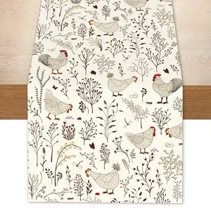 Chicken & Tree Leaf Pattern Table Runner, 1 Count  Farm Style Table Flag, Aesthetic Decorative Tablecloth for Home Party