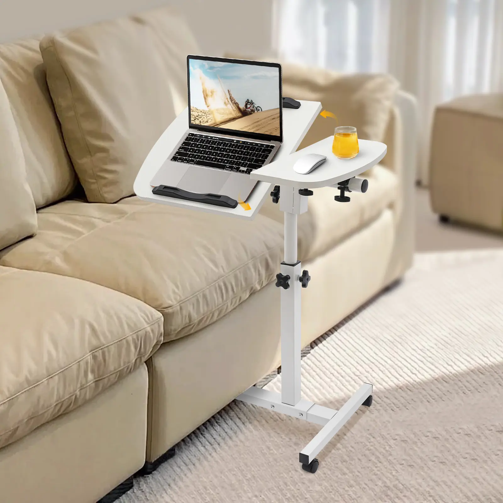Adjustable Height Laptop Desk Cart - Rolling Computer Stand with Wheels for Office & Home Use