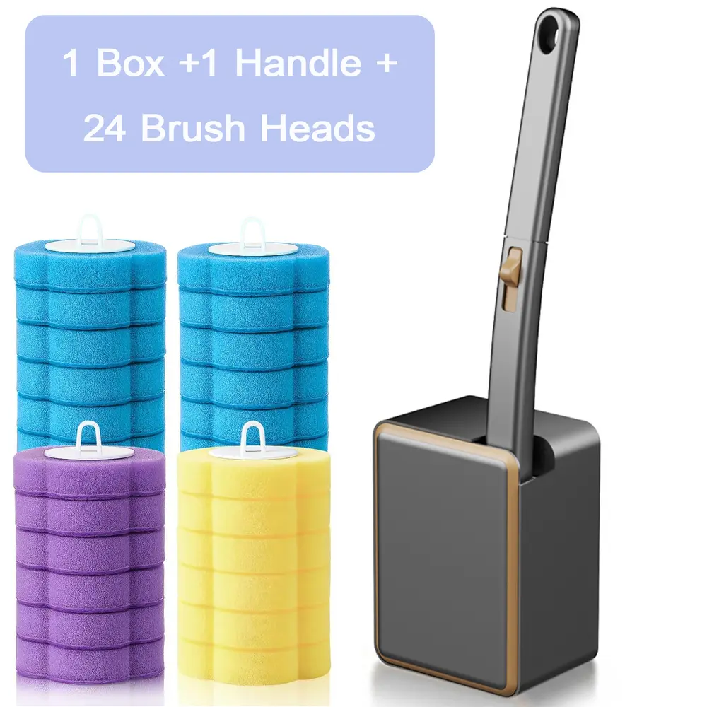 Disposable Toilet Bowl Scrubber Caddy, Toilet Wand Brush Holder with 24 Disposable Refills, Multi-use Household Cleaner for Urinal Basin Bathtub Drain Sink, Wall-Mount Scrubbing Brush Kit