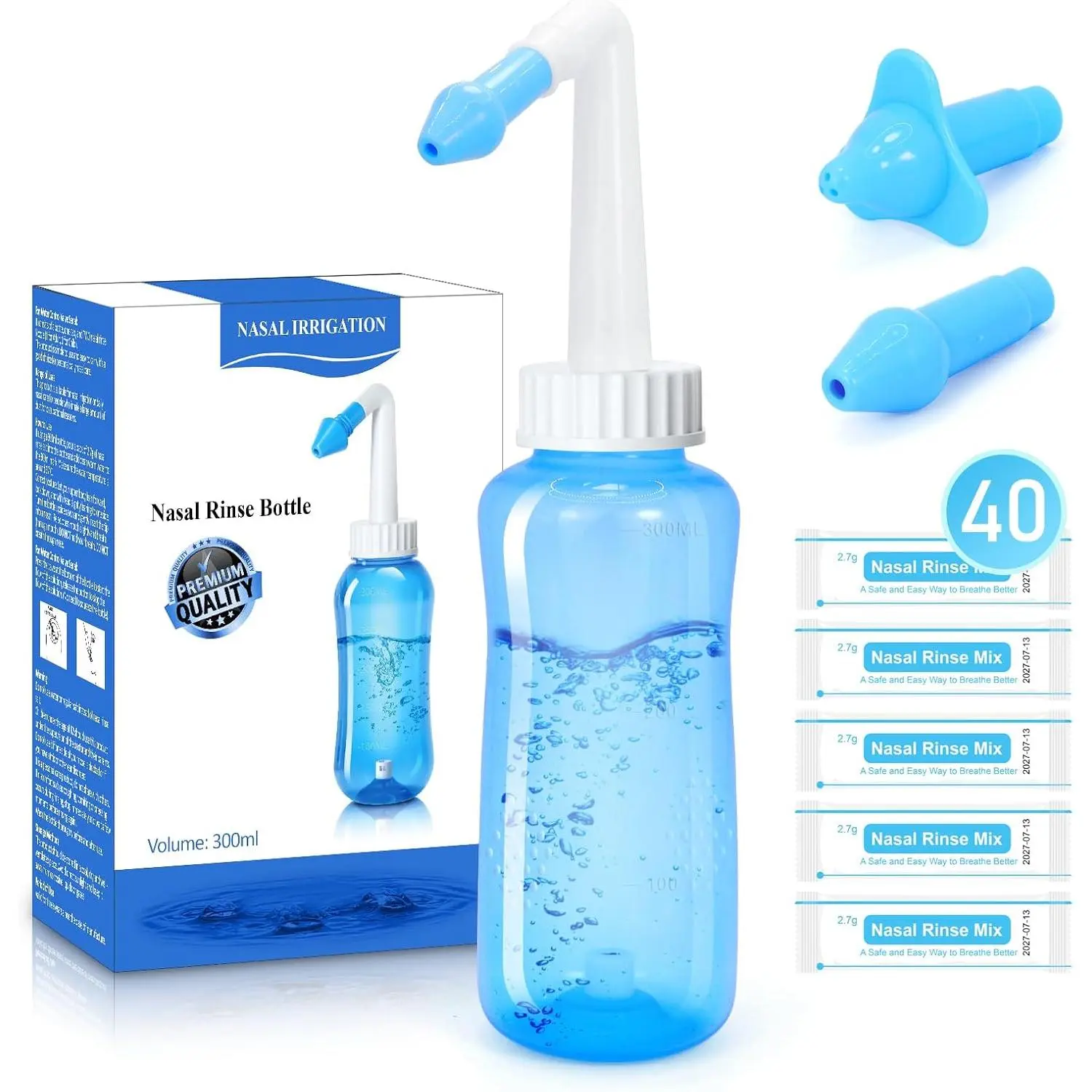 300ml Nasal Rinse Bottle Kit - Sinus Rinse Neti Pot for Allergies & Soothing Hydrating Relief, with 40 Nasal Wash Salt Packets, 2 Nozzles for Adults & Kids, Portable Compact Plastic, 9.25 x 2.36 x 2.36 inches