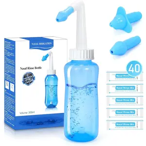 Rinse Nasal Irrigation System Neti Pot Sinus Rinse Bottle Nose Wash Cleaner for Adult & Kid 300ml with 40 Nasal Wash Salt Packets