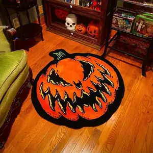 Halloween Pumpkin Design Indoor Round Carpet, Soft Decorative Festive Rug Plush Rug for Living Room Bedroom Game Room, Unique Holiday Decoration Mat