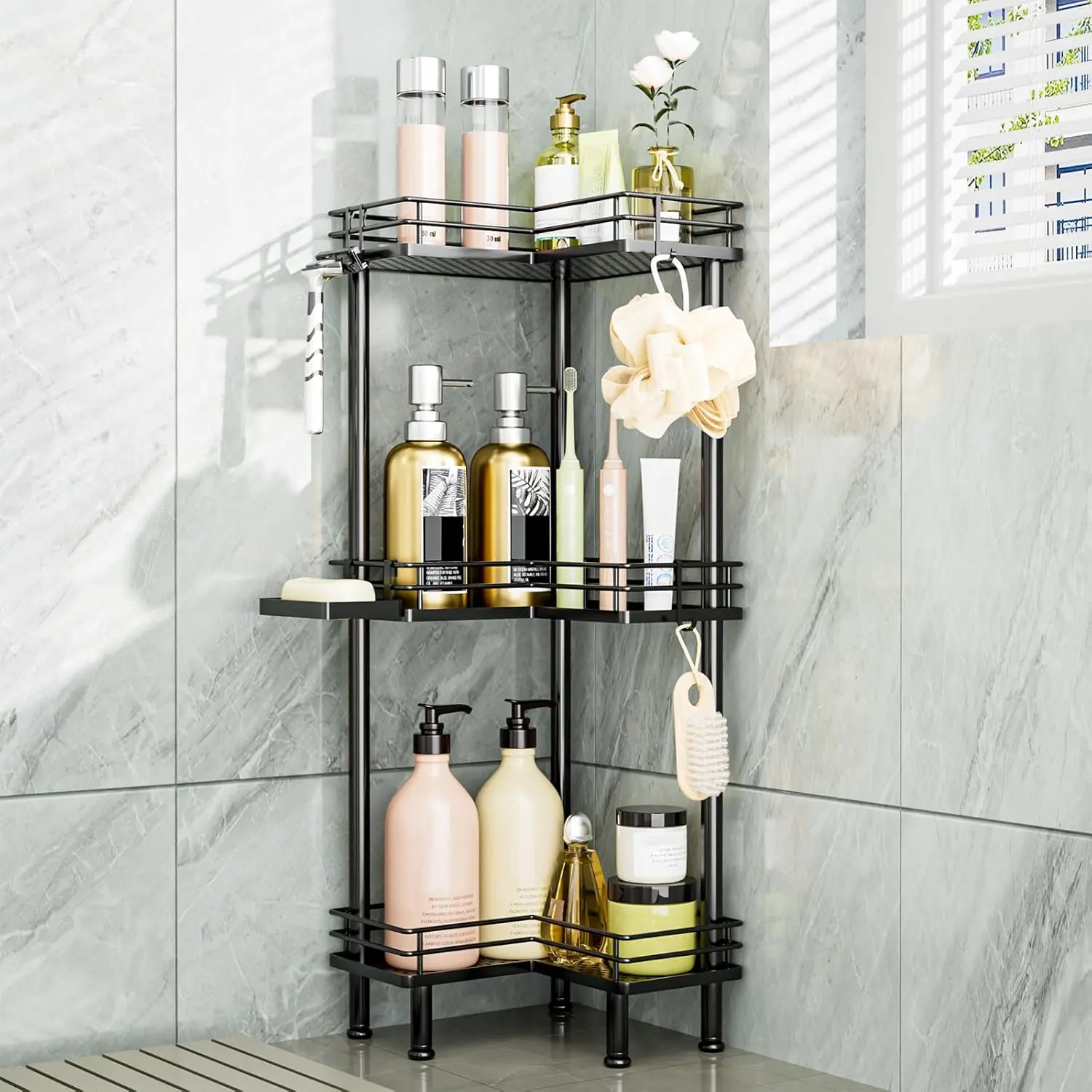 Corner Shower  Standing - 3-Tier Stainless Steel Shower Organizer with Soap Holder and 4 Hooks, Large Capacity Corner Shelf Stand for Bathroom, Rest Room, Black