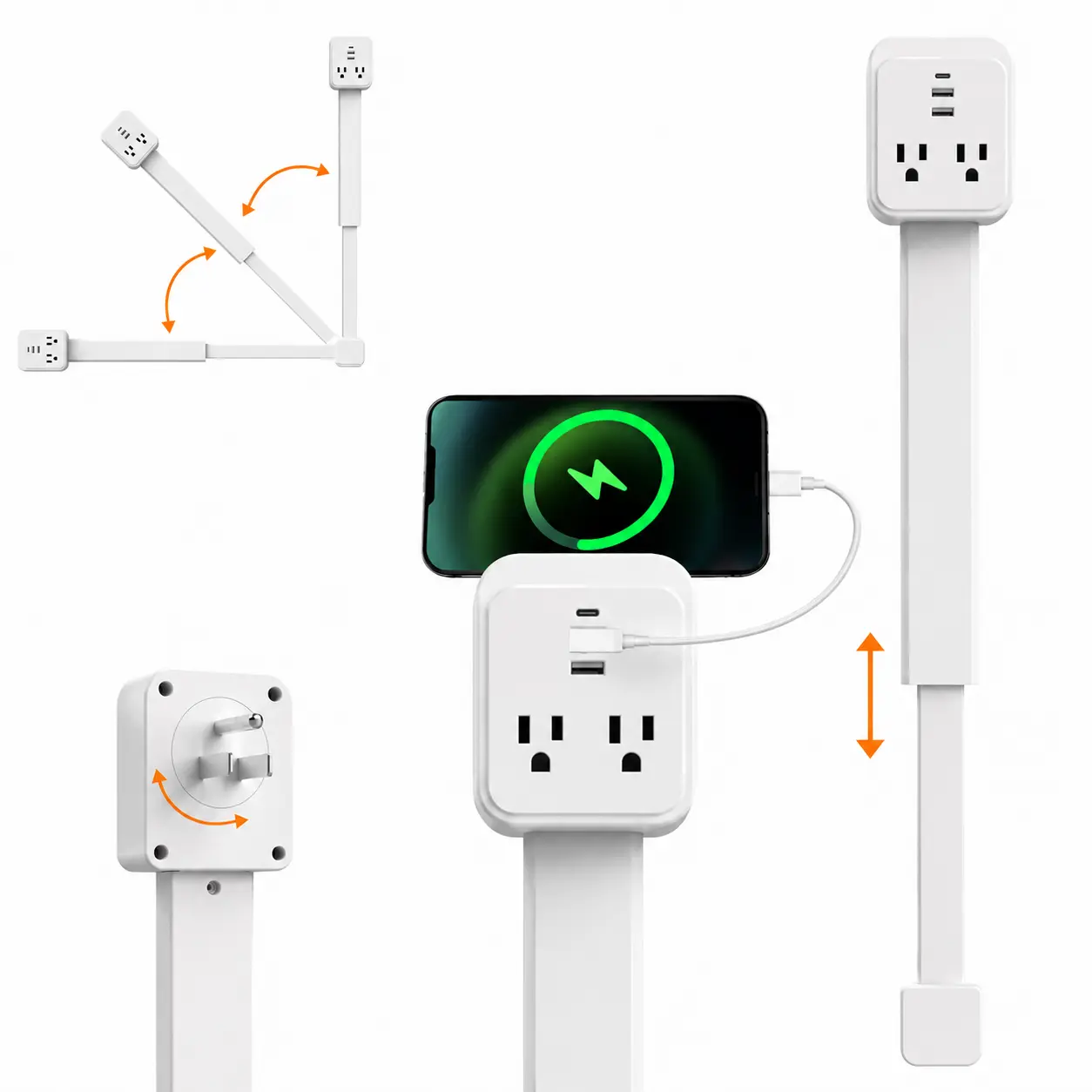 Outlet Extender Stick 17.2''–25.8'' Adjustable with USB C & 2 USB Ports, Electrical Outlet Extender with 2 AC Outlets, Flexible Rotat Plug for Multi-Angle Use in Home, Office, RV Tight Spaces Power Socket Expander Power Strip Socket