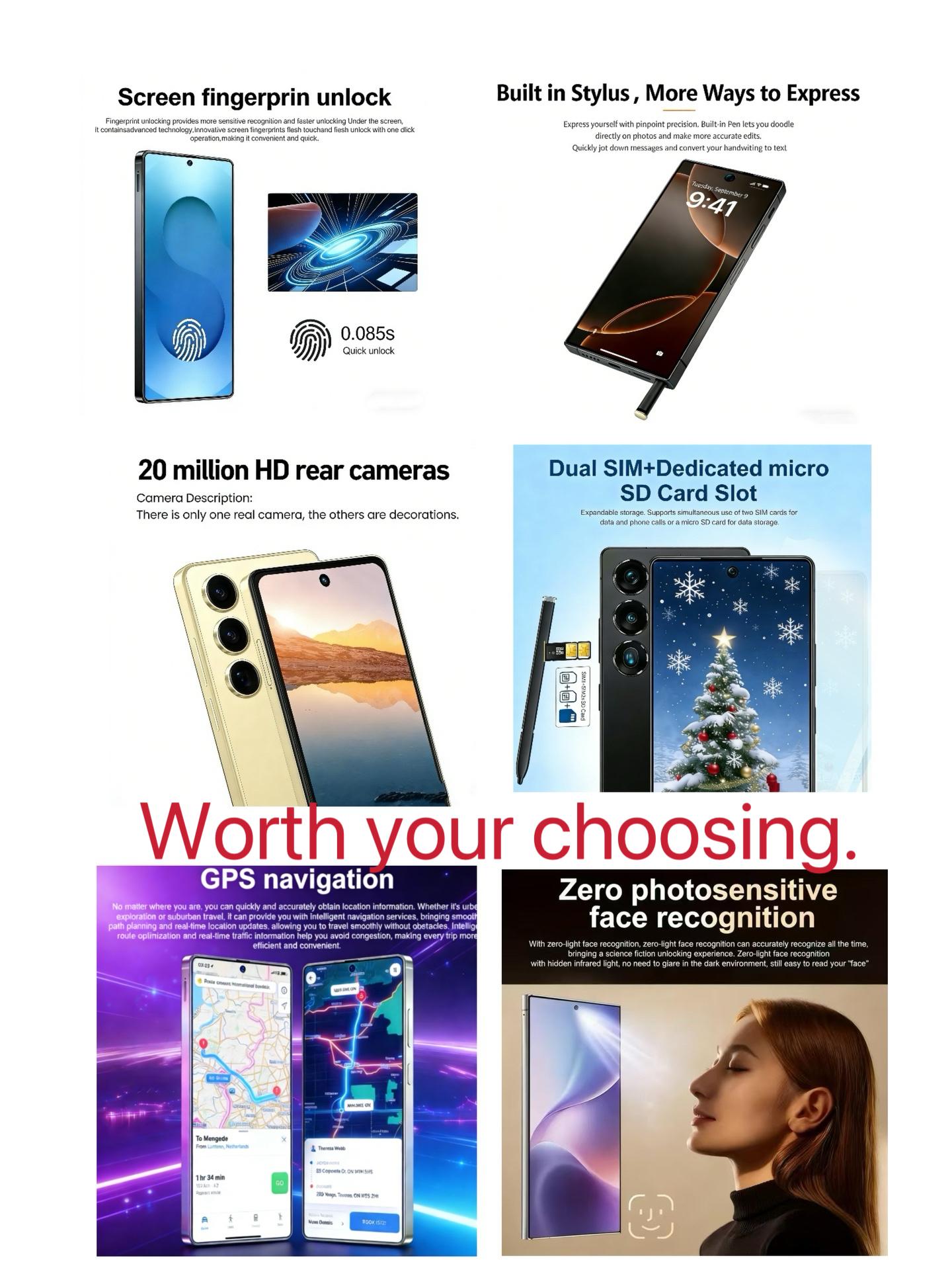 2026 New Ultra Android Smartphone, HD Display, Face & Fingerprint Unlock, Dual SIM, Type-C Charging, with Stylus Pen, Free Protective Case, High-End Gift.Buy a mobile phone and get a fashionable sports watch for free.