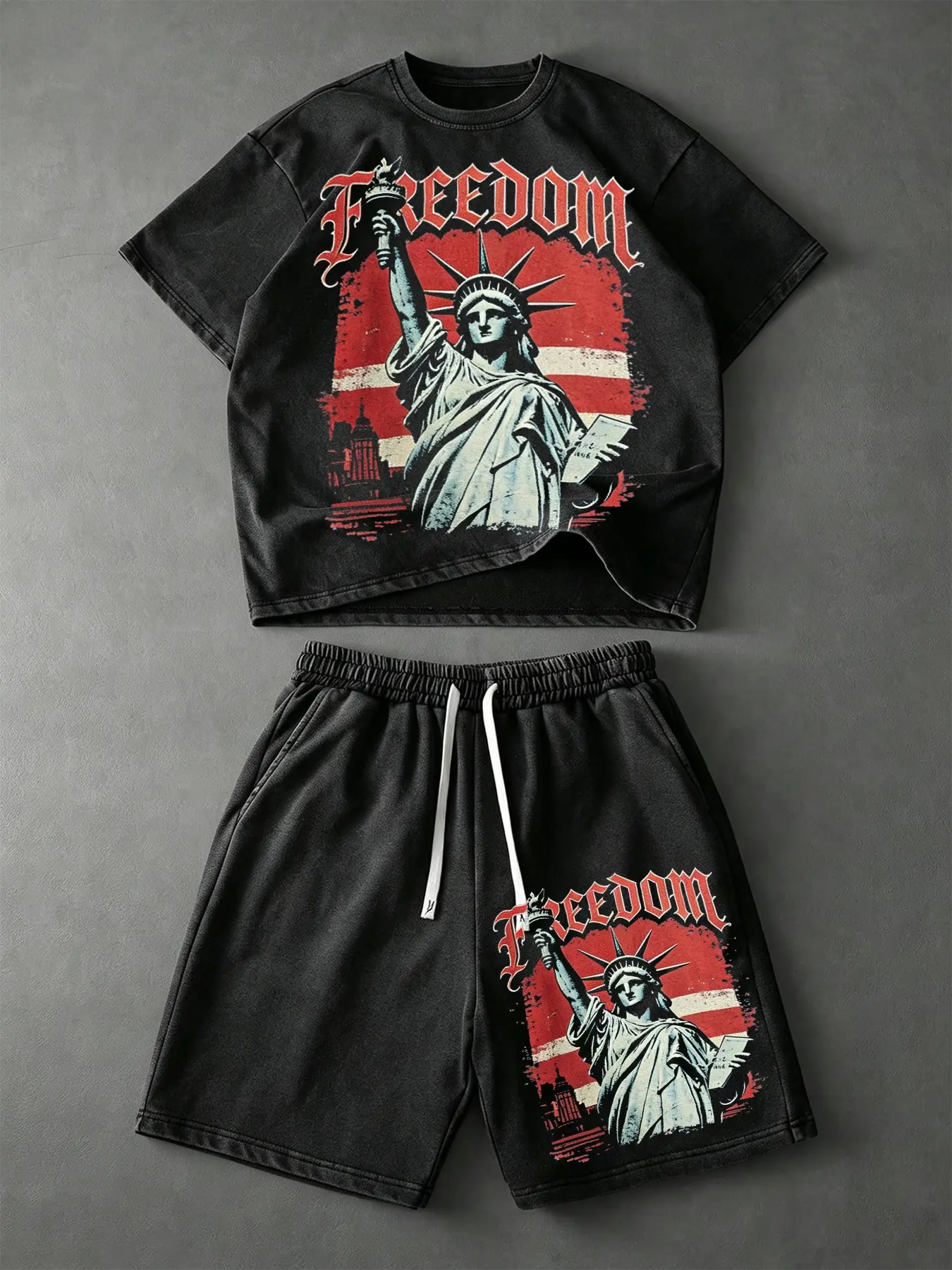 Men’s and women’s style, urban-chic, gothic-inspired, summer wash cotton short-sleeved T-shirt and shorts set. Soft and comfortable fabric. T-shirt with a Liberty Goddess print design, distressed urban style, dropped shoulder design, loose fit. Y2K, urban