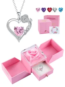 Rose Flower Heart Pendant Necklace With Rose Jewelry Gift Box, Exquisite Jewelry Gift, Anniversary Valentines Day Necklace Gift for Wife Girlfriend, Birthday Gifts for Mom Daughter, Heart Design Necklace