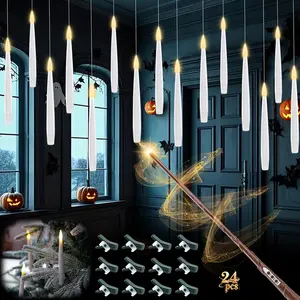 Rhytsing 24 Pcs Flameless LED Floating Candles 6 inches with Magic Wand Remote for Halloween Party, Battery Operated Hanging Taper Candles with Fishing Line, Christmas Tree Clip On Candles with Timer